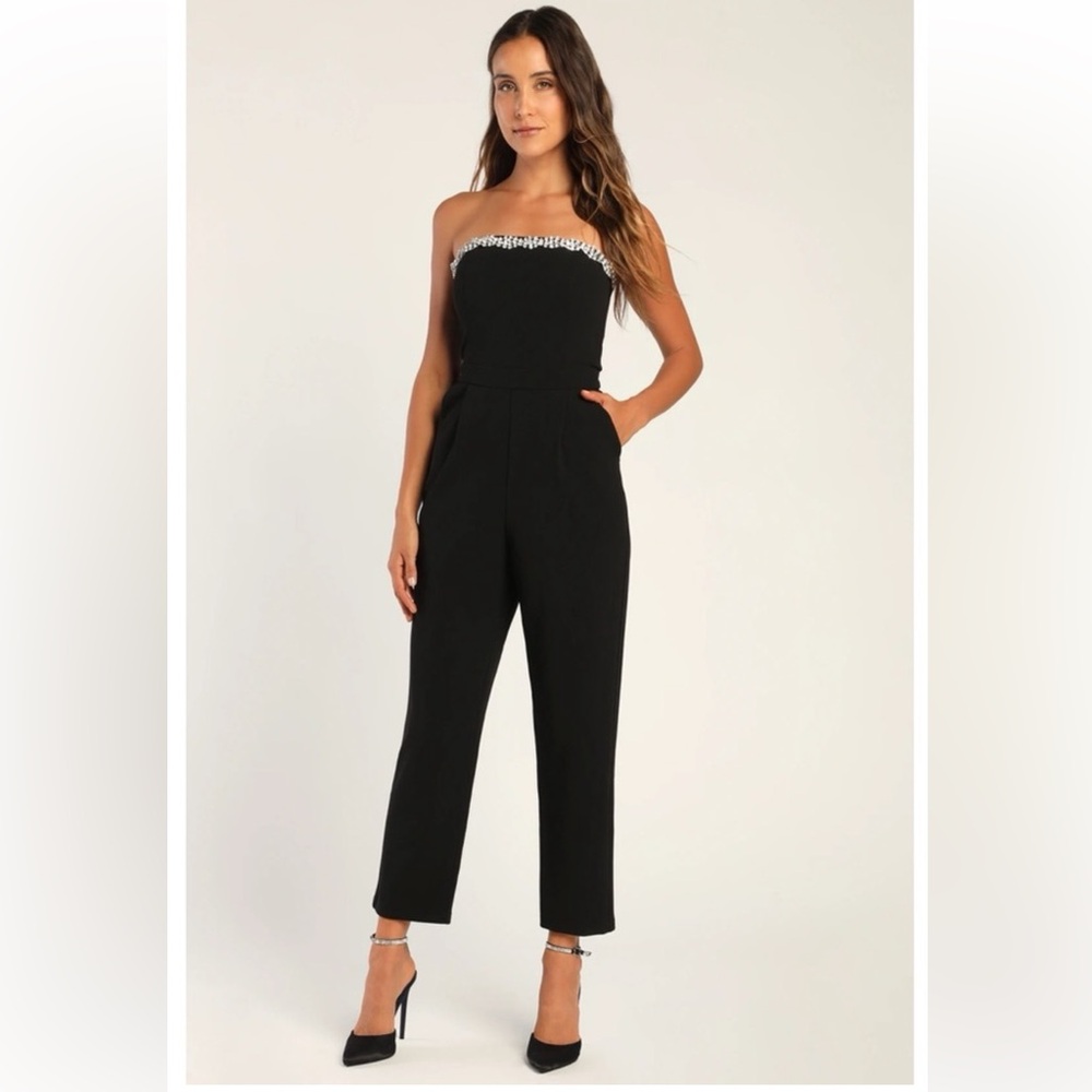 Lulus Fabulous Times Black Rhinestone Strapless Straight Leg Jumpsuit